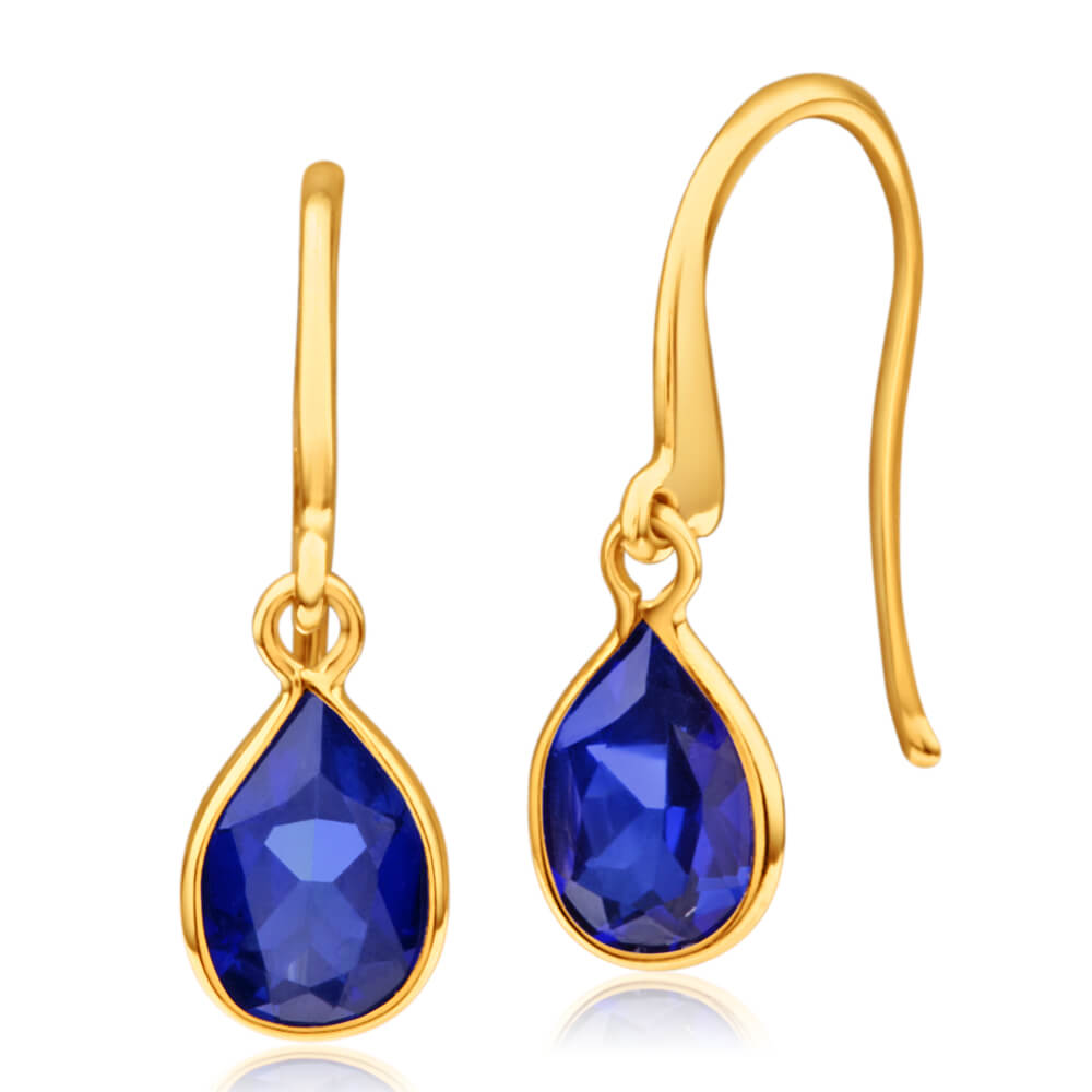 Stunning 9ct Yellow Gold Drop Earrings with Created Deep Blue Sapphires