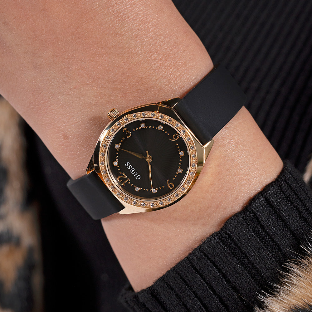 Guess Charlotte GW0820L1 Luxury Gold-Tone PVD Quartz Watch with Crystal-Embellished Bezel and Black Leather Strap