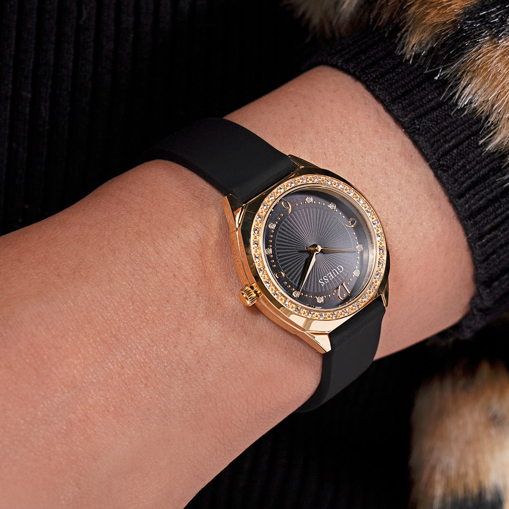 Guess Charlotte GW0820L1 Luxury Gold-Tone PVD Quartz Watch with Crystal-Embellished Bezel and Black Leather Strap