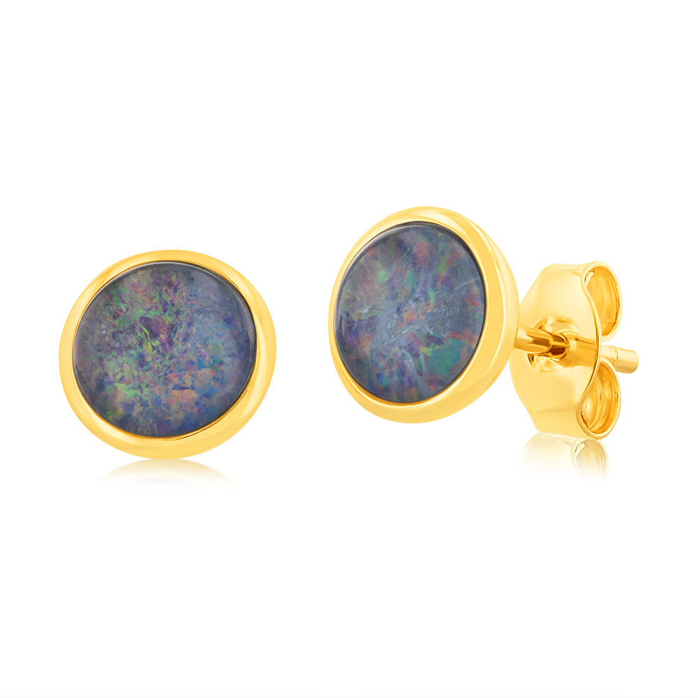 Stunning 9ct Yellow Gold Stud Earrings with Bezel-Set Triplet Opals