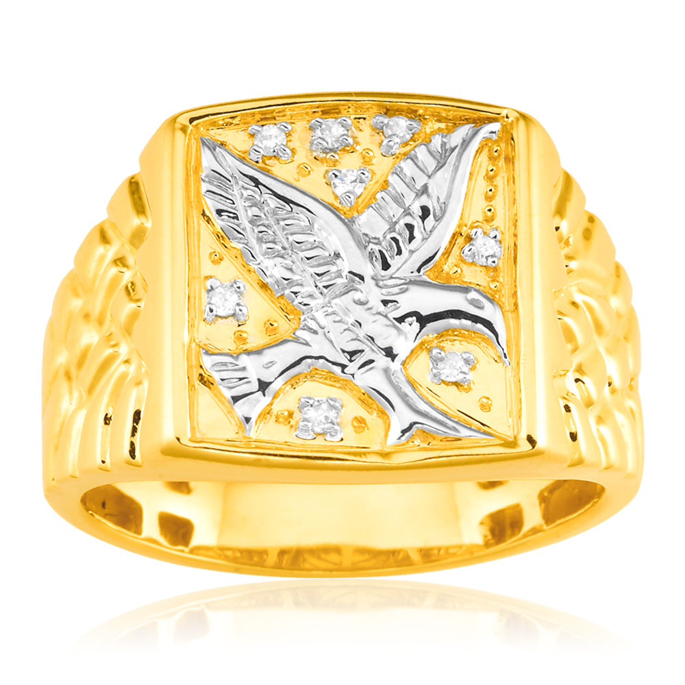 Exquisite 9ct Yellow Gold Men's Signet Ring Featuring 8 Diamonds in an Eagle Design