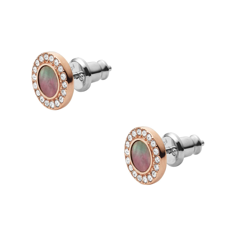Fossil Fashionable Rose Gold Plated Stainless Steel Gray Mother Of Pearl Glitter Stud Earrings for Women