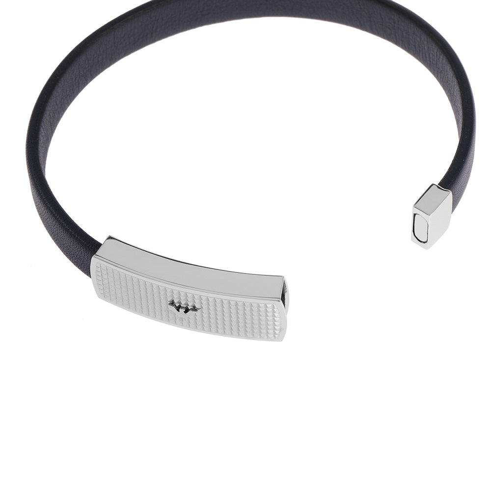 Stylish Emporio Armani Blue Leather and Stainless Steel ID Bracelet
