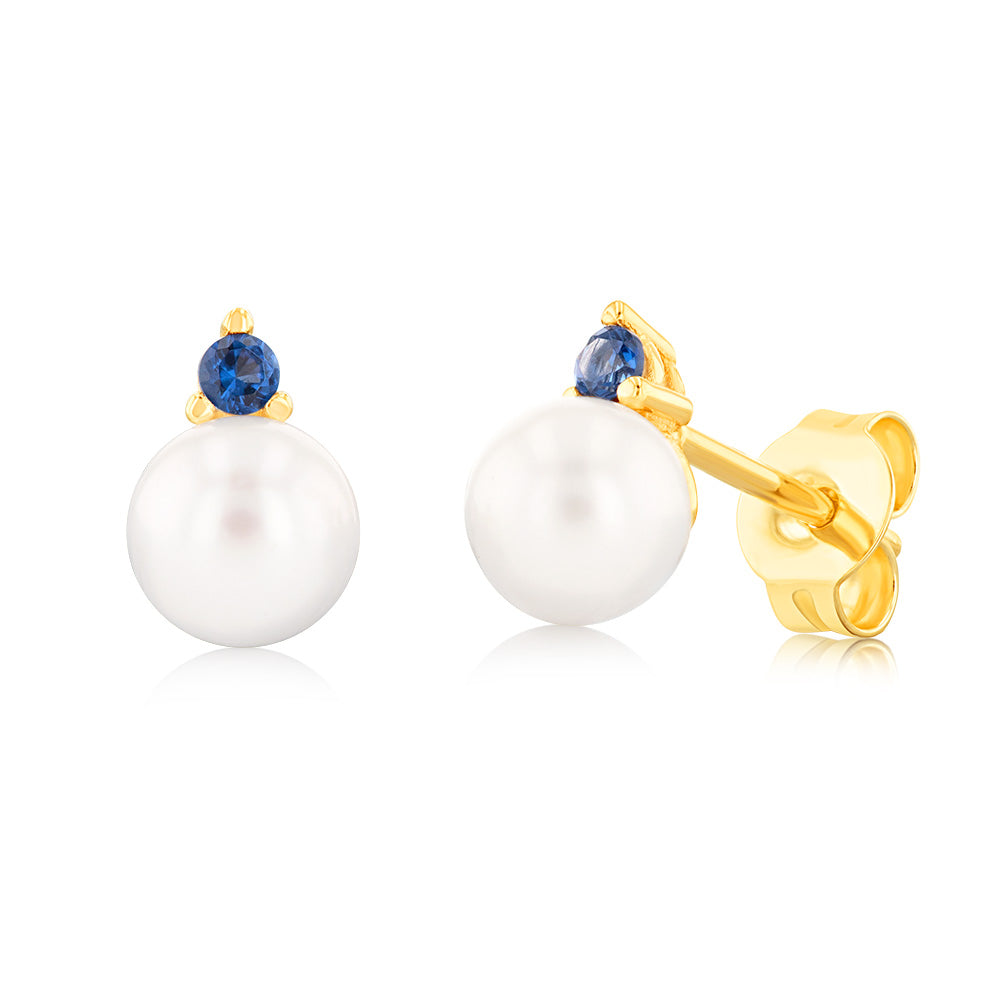 9ct Yellow Gold Stud Earrings with Sapphire, Blue Zirconia and Freshwater Pearl