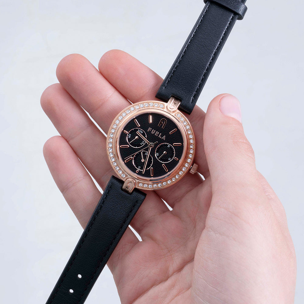 Furla Black Leather Strap Rose Gold Plated Women's Logo Watch