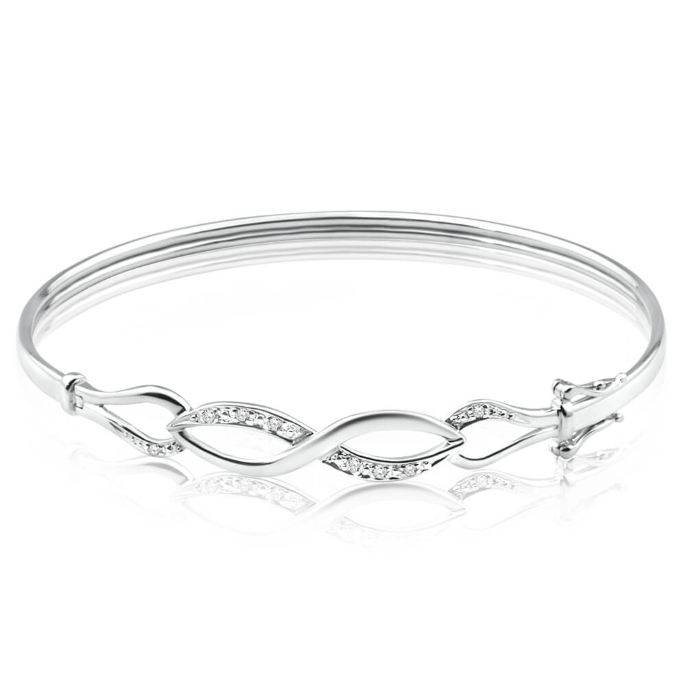 Exquisite 9ct White Gold Sparkling Diamond Hinged Bangle Jewelry