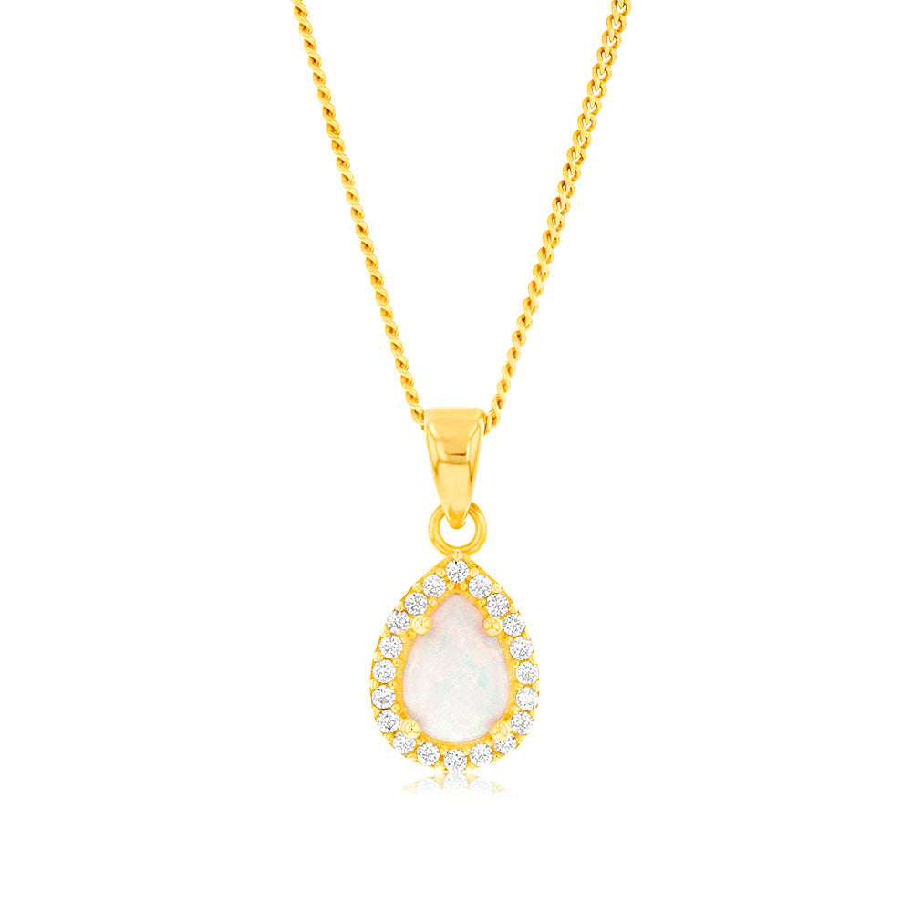 9ct Yellow Gold Teardrop-shaped Pendant with Lab-created Opal and Zirconia