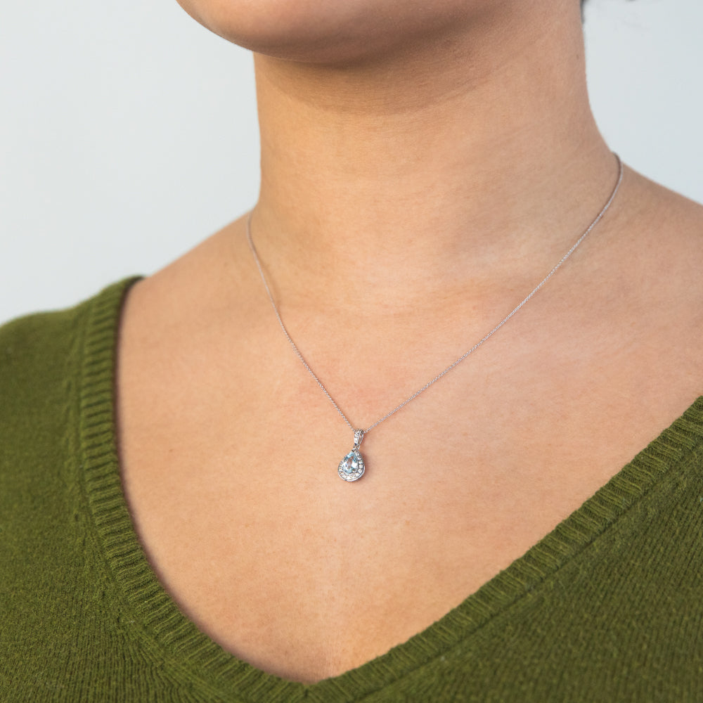 45cm Chain 9ct White Gold Pendant with 0.65ct Aquamarine and 0.15ct Diamonds in Pear Shape