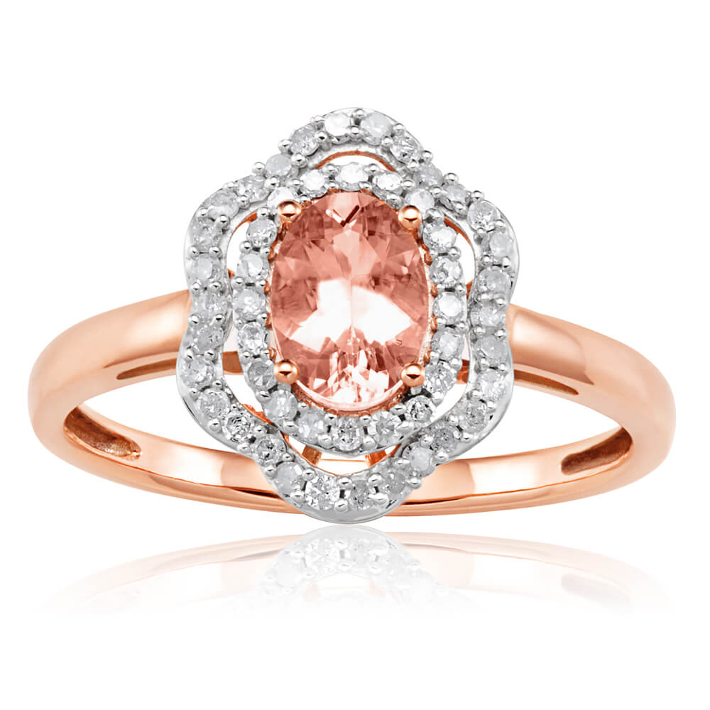 Exquisite 9ct Rose Gold Floral Halo Engagement Ring Featuring 7x5mm 0.65 Carats Morganite and 0.25 Carats Diamonds