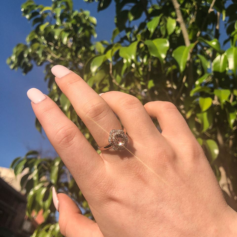 Exquisite 9ct Rose Gold Floral Halo Engagement Ring Featuring 7x5mm 0.65 Carats Morganite and 0.25 Carats Diamonds