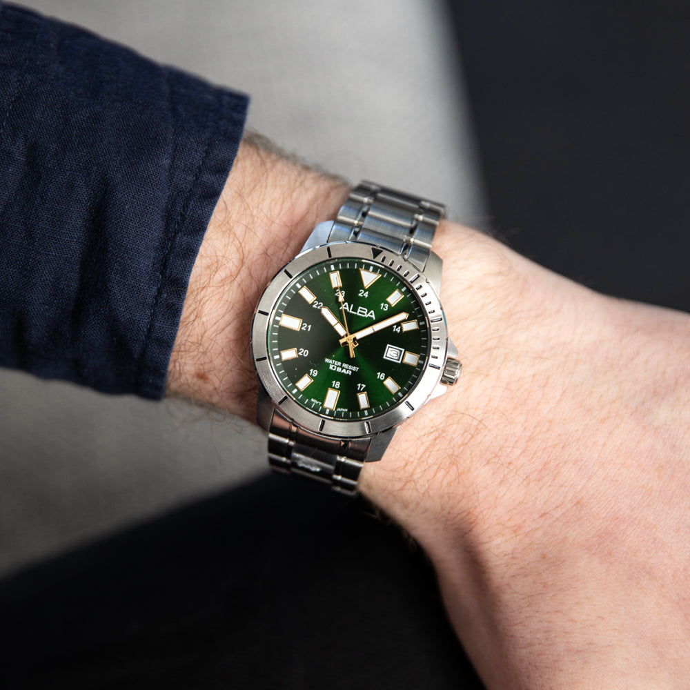 Alba Active AS9R95X: 43mm Stainless Steel Watch with Green Dial and 100M Water Resistance