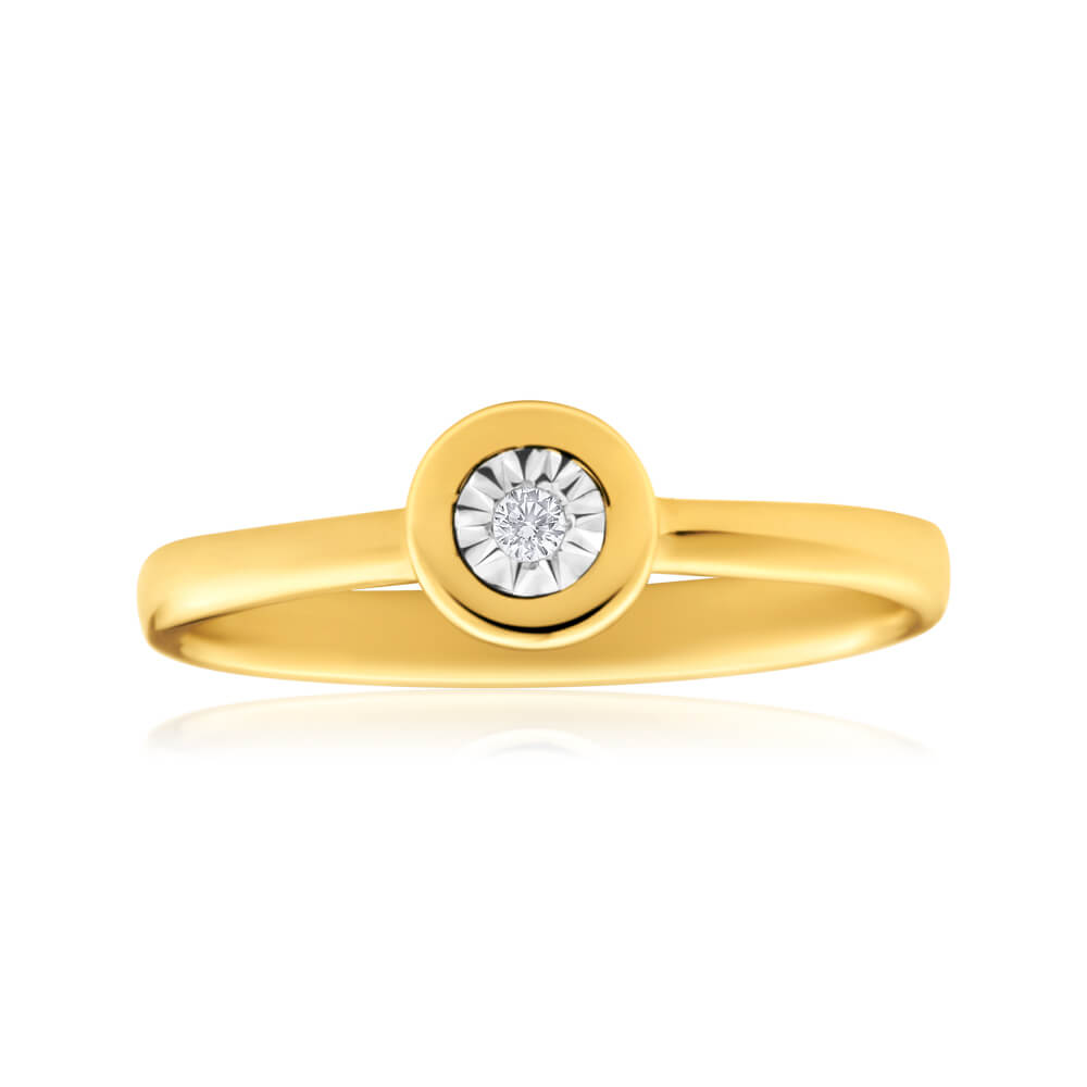 Exquisite 9 Carat Yellow Gold Single Stone Solitaire Ring Featuring a 0.01 Carat Brilliantly Cut Diamond