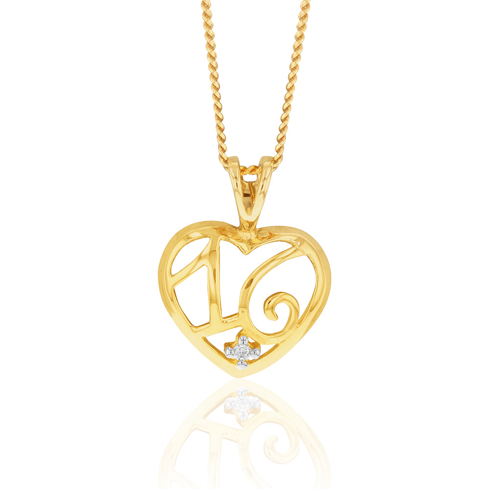 9ct Yellow Gold Zirconia-Embedded Number 16 Heart-Shaped Pendant for Necklace