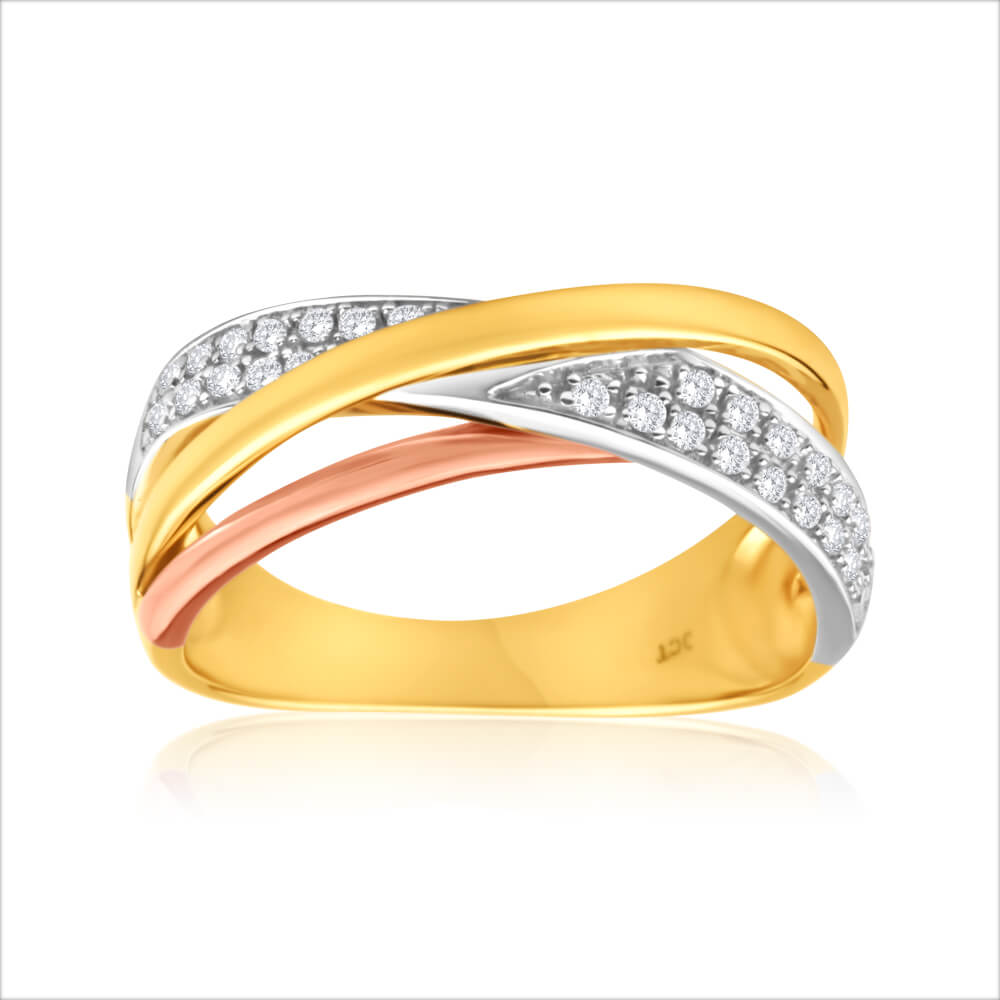 Exquisite 9ct Tri - Tone Gold 1/6 Carat Diamond Ring in Yellow, White & Rose Gold