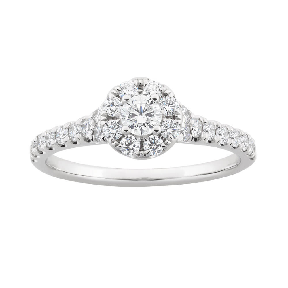 Exquisite 18ct White Gold Engagement Ring Featuring Flawless Cut Style With a Total of 0.75 Carats of Sparkling Diamonds