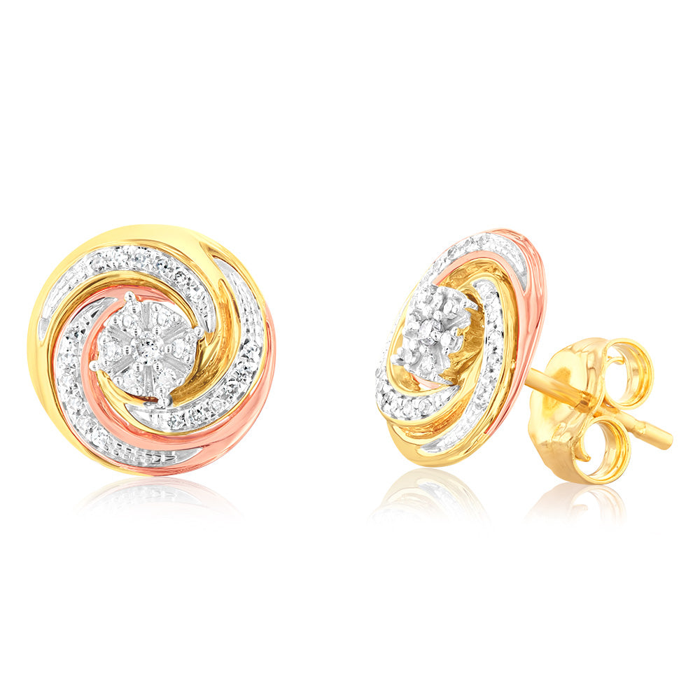 Stunning 9ct 3-Tone 1/10 Carat Diamond Swirl Stud Earrings Adorned with 50 Round Brilliant Cut Diamonds, Ideal Jewelry for Women