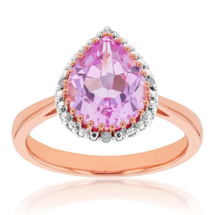 Exquisite 9ct Rose Gold Ring with Created Peach Sapphire and Diamond in Pear Cut