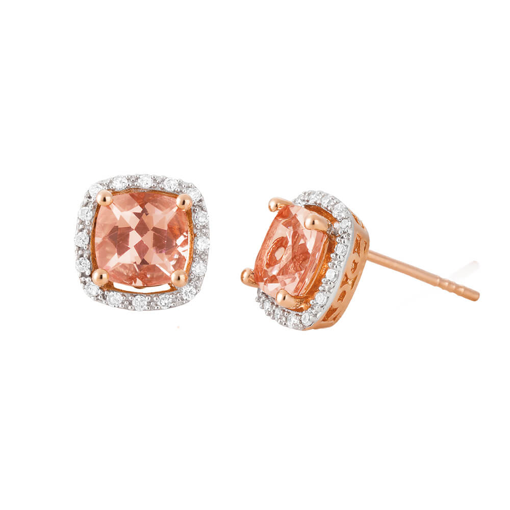 Exquisite 9ct Rose Gold Stud Earrings Embellished with Diamonds and Morganite Gemstones