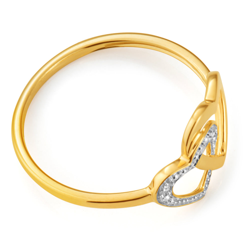 Exquisite 9ct Yellow Gold Ring with Two Sparkling Diamonds