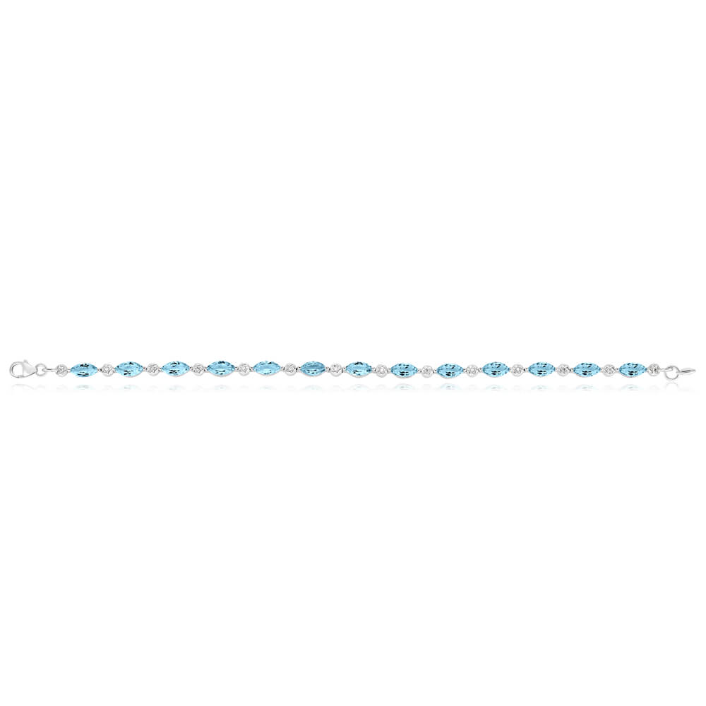 19cm 9ct White Gold Bracelet with Marquise Cut Sky Blue Topaz and Diamonds