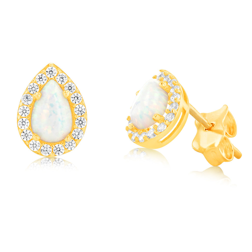 Exquisite 9ct Yellow Gold Teardrop-shaped Stud Earrings with Lab-created Opal and Zirconia