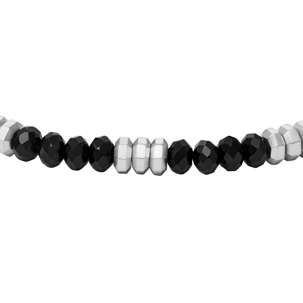 Fossil Branded Stainless Steel Fashion Jewelry Black Agate Beaded Bracelet with a Length of 19+2.5cm