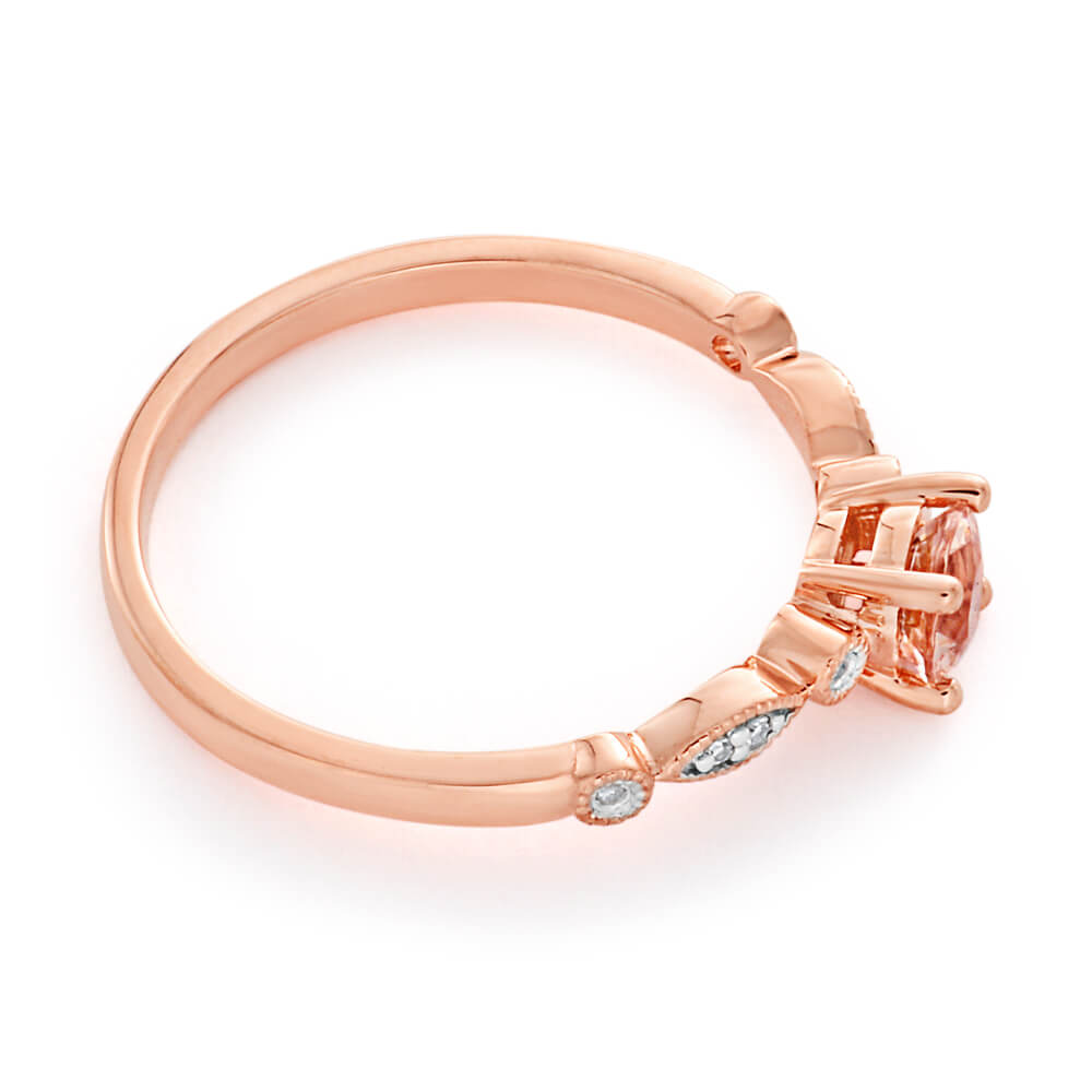 Exquisite 9ct Rose Gold Ring with 0.45ct Round Cut Morganite and Diamonds