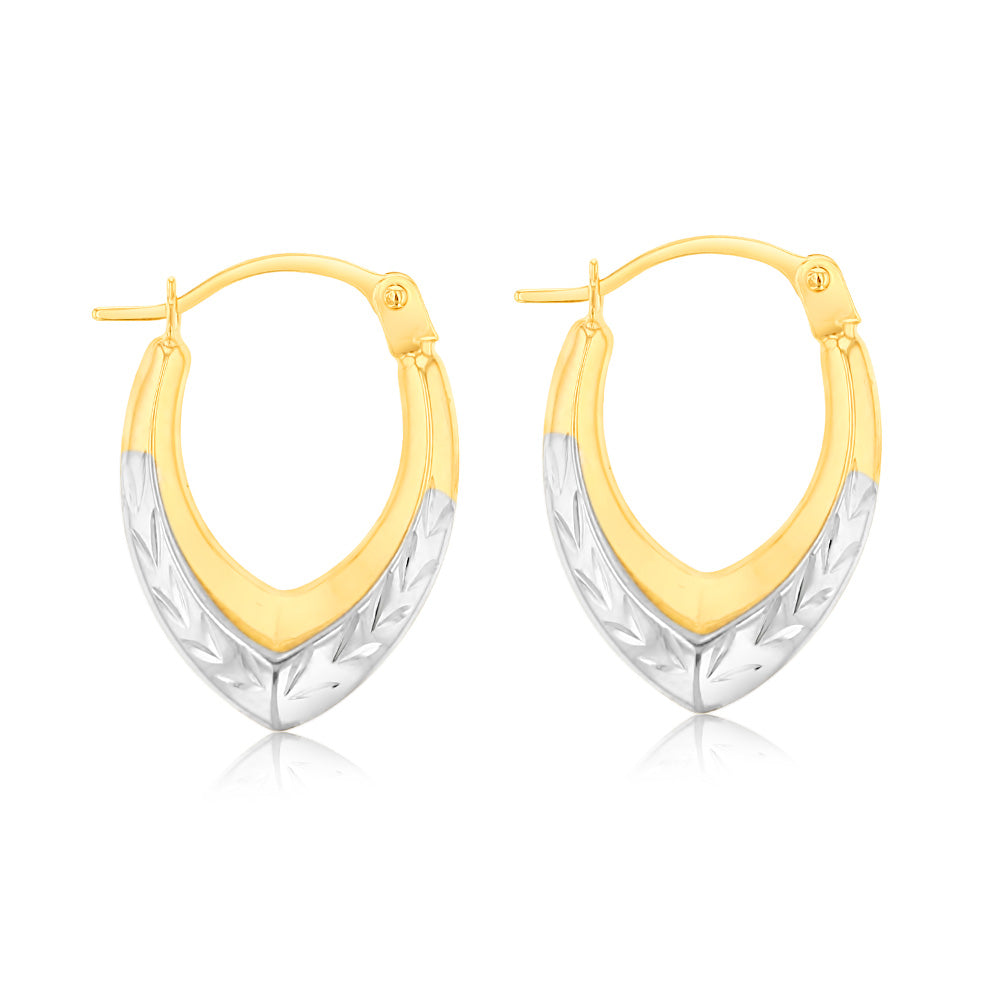 9 Carat Two Tone White and Yellow Gold Diamond Cut Creole Style Earrings for Women