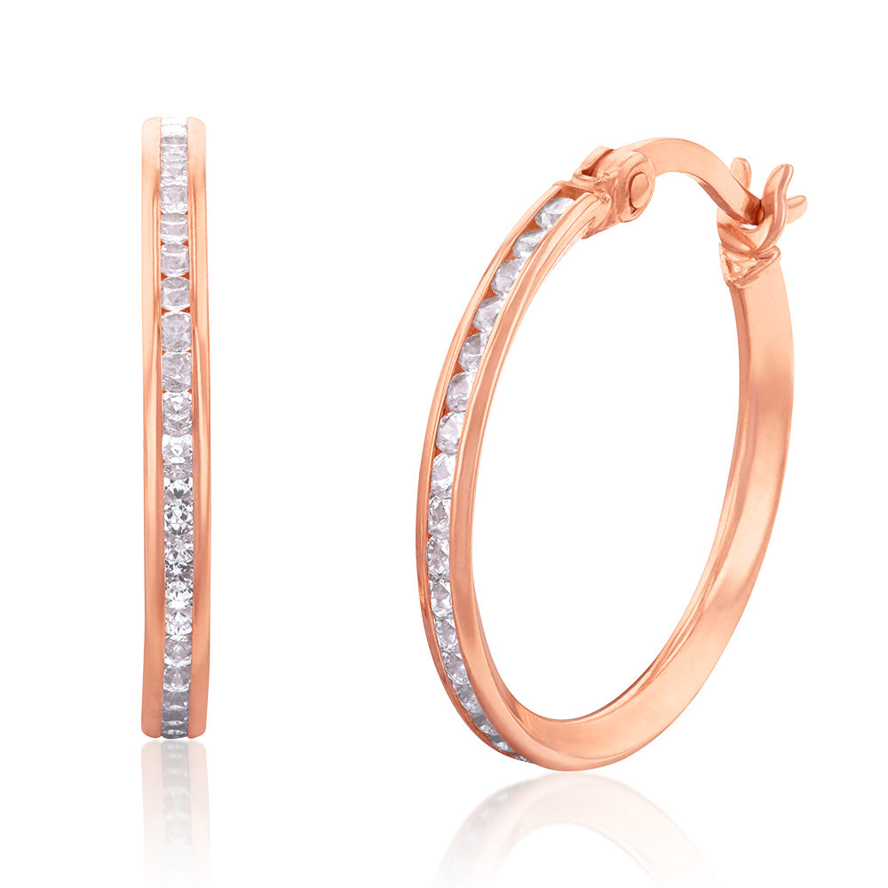 15mm 9ct Rose Gold Cubic Zirconia Hinged Hoop Earrings for Daily Wear