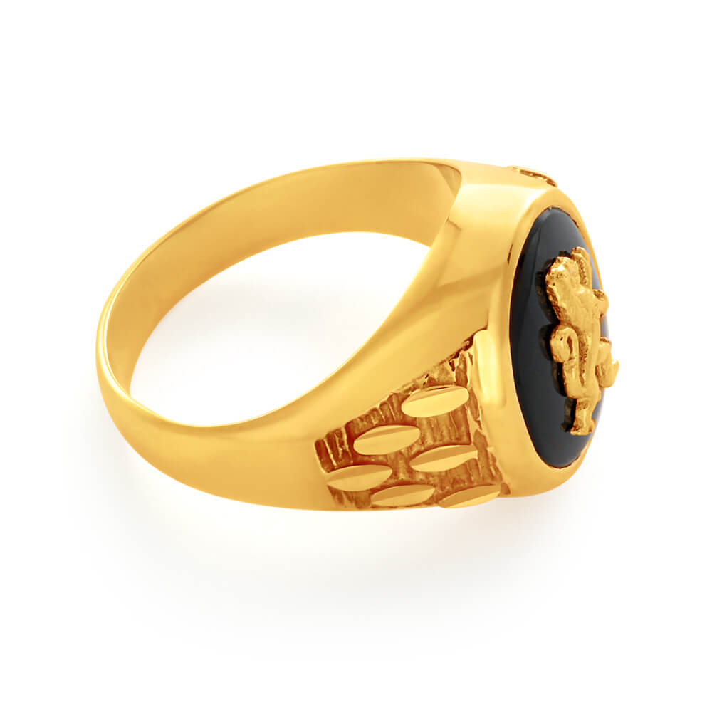Stunning 9-Carat Yellow Gold Signet Ring with Dazzling Onyx and Lion Design