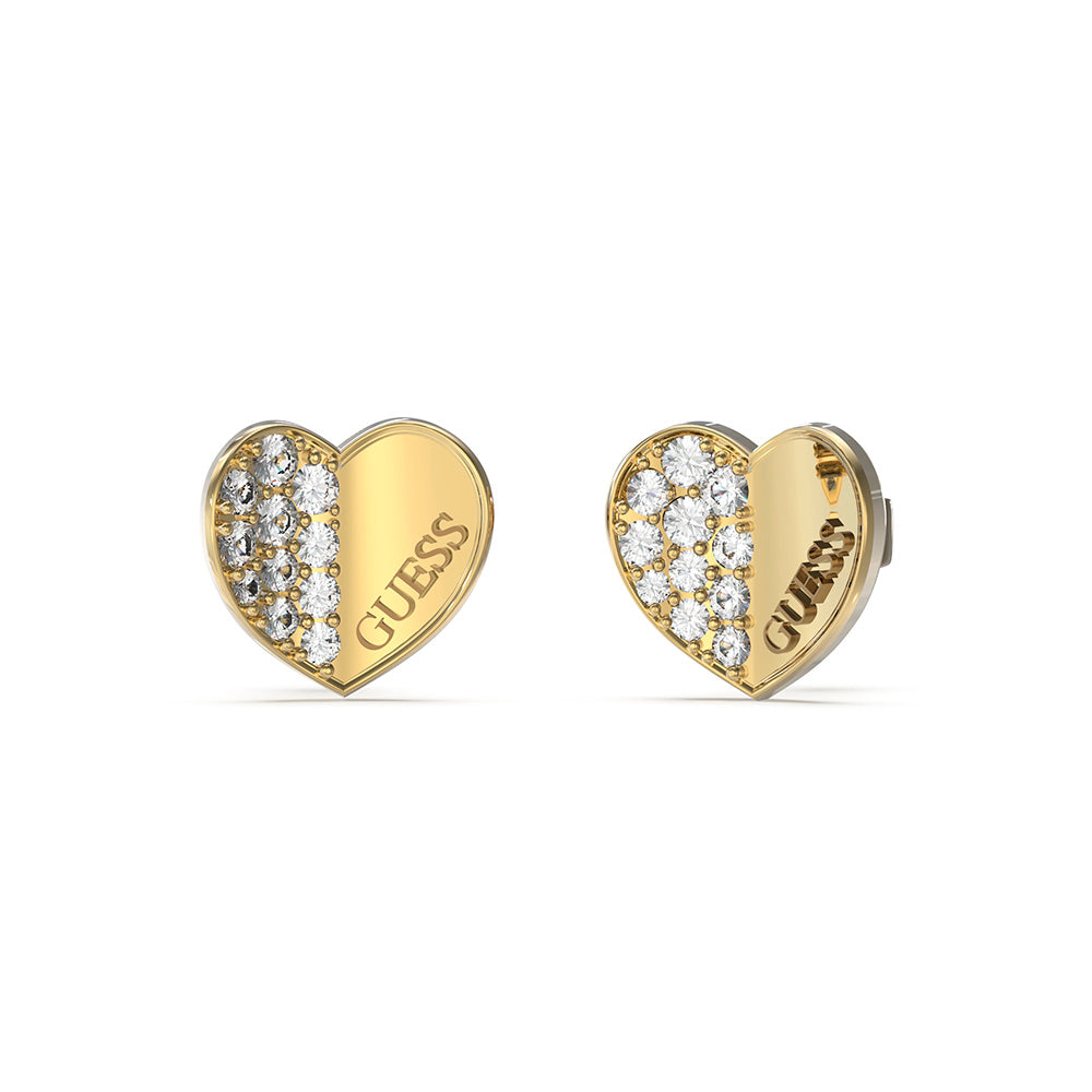 Guess Brand Gold - Coated Stainless - Steel 12mm Simple and Paved Heart - Shaped Earrings, a Fashion Jewelry Piece
