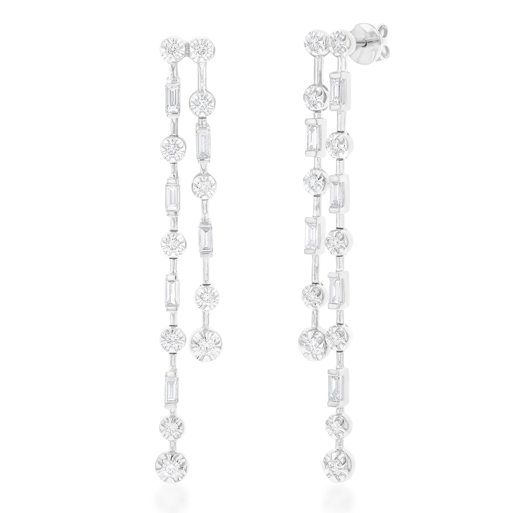 18ct White Gold Drop Earrings Featuring Round and Baguette Diamonds