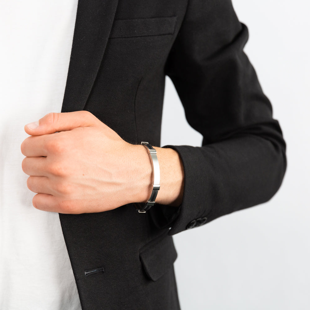 Forte Stylish Stainless Steel Men's Bracelet with 20cm Black Rubber Stripe for a Modern Look