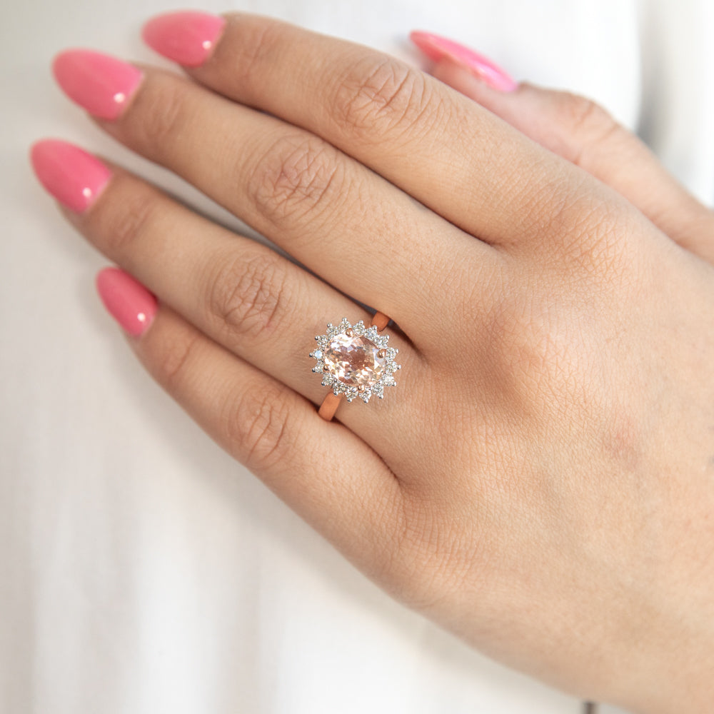Exquisite 9ct Rose Gold Ring Featuring 2.30ct Morganite and Half - Carat Diamonds