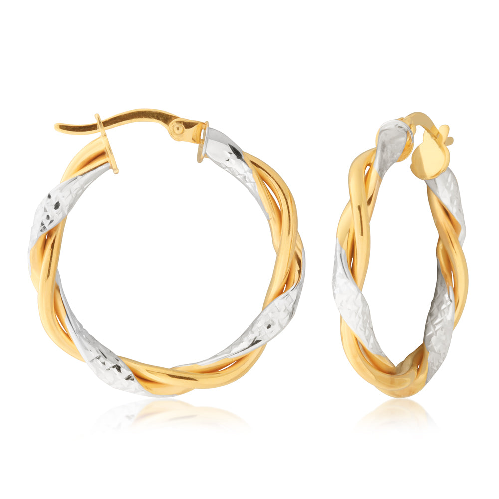 9ct Two-Tone Gold-Filled Diamond Cut Twisted Hoop Earrings, 20mm Diameter