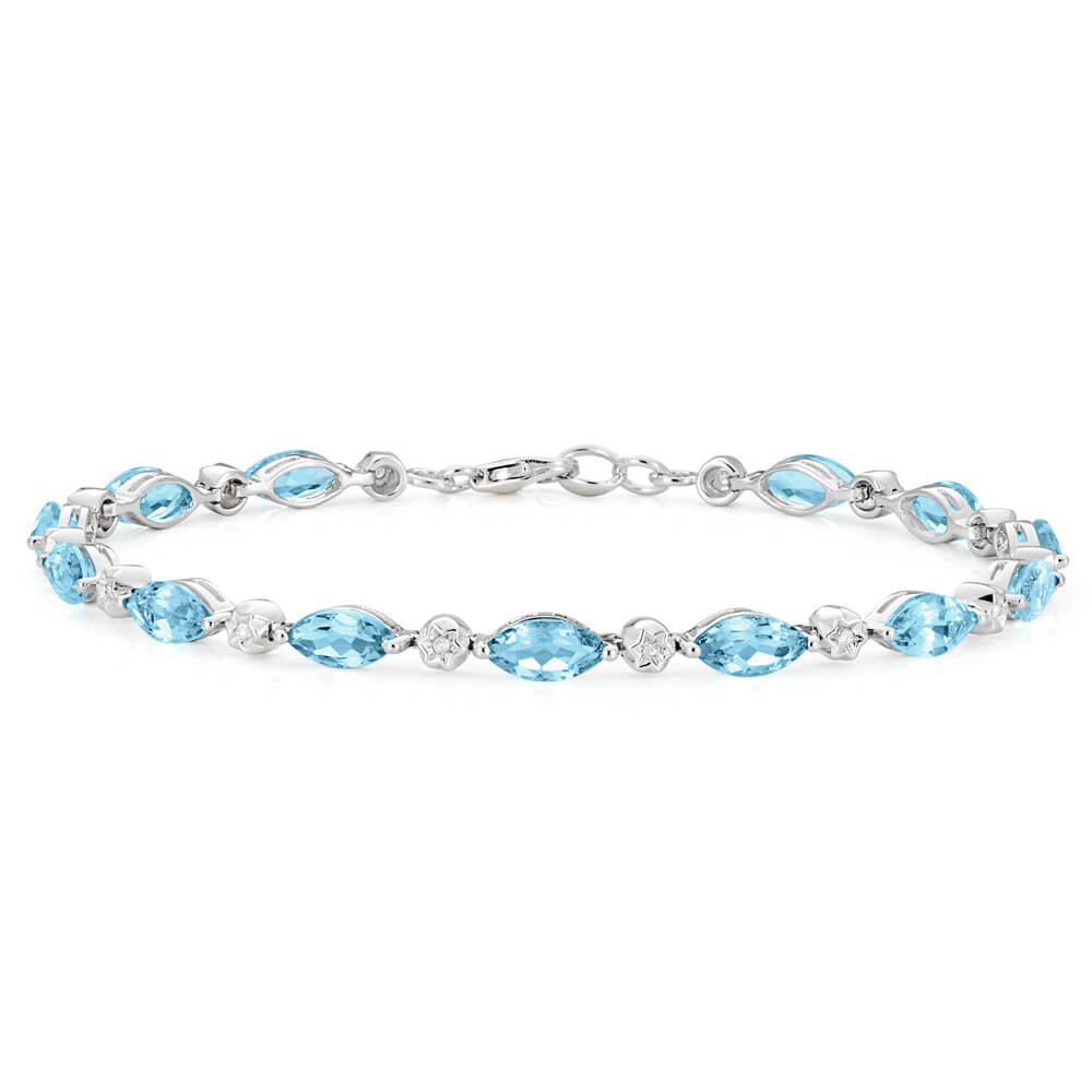 19cm 9ct White Gold Bracelet with Marquise Cut Sky Blue Topaz and Diamonds