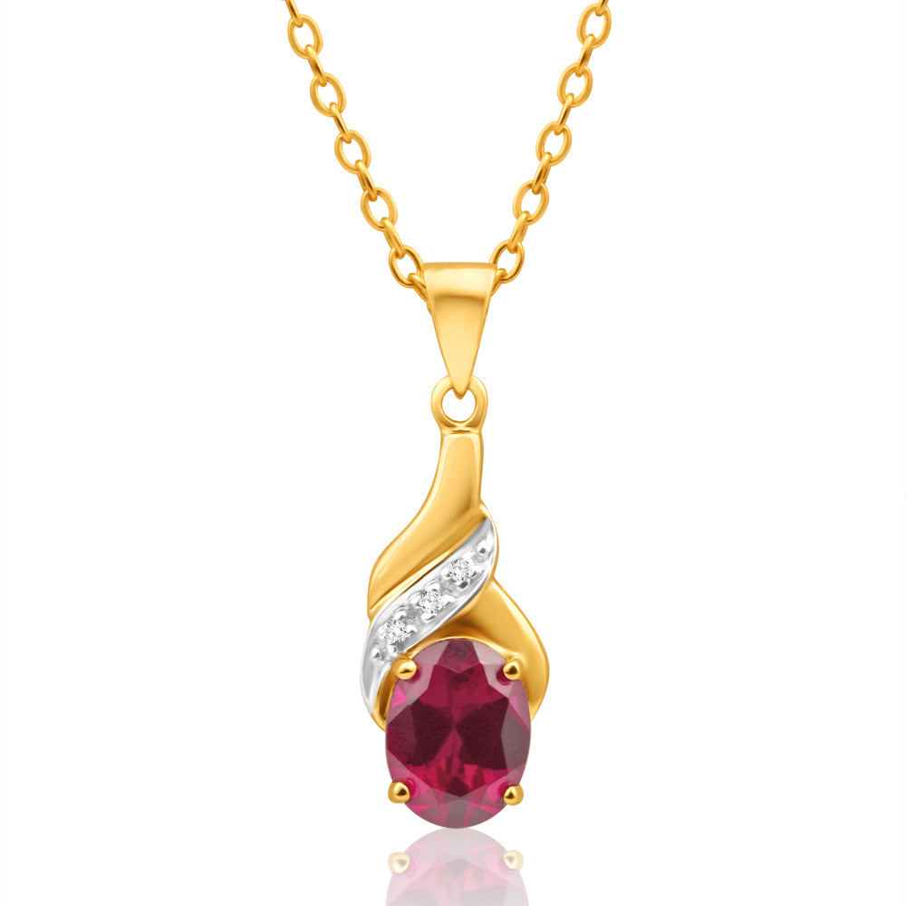 Gorgeous 9ct Yellow Gold 8x6mm Created Ruby and Diamond Teardrop Pendant