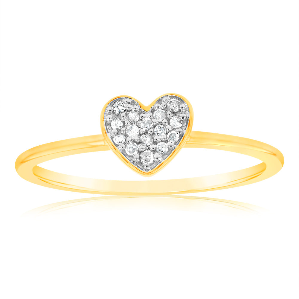 Exquisite 9ct Yellow Gold Heart Dress Ring Adorned with 15 Brilliant Diamonds