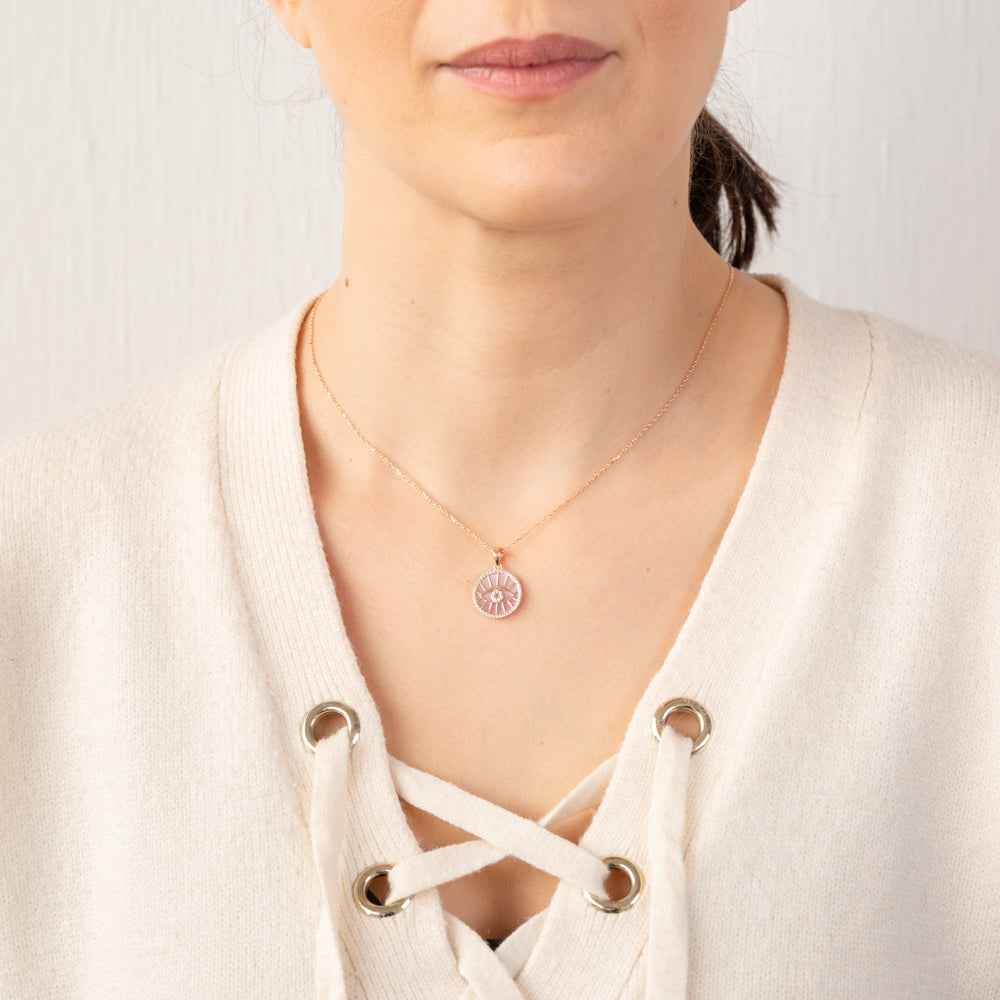 9ct Rose Gold Pendant with Cubic Zirconia, Mother Of Pearl Evil Eye on Chain