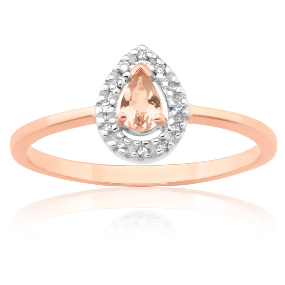 Exquisite 9ct Rose Gold Ring Featuring Morganite and Diamonds