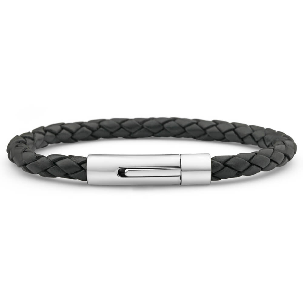 21cm Forte Black Leather Stainless Steel Bracelet with Twist Lock Magnetic Clasp