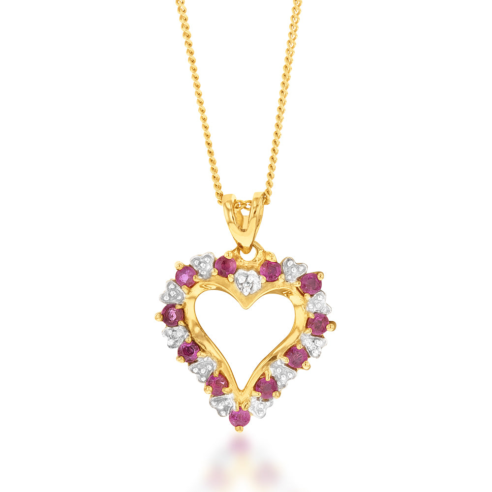 Exquisite 9ct Yellow Gold Natural Ruby and Diamond Heart-shaped Pendant for Women's Jewelry Collection