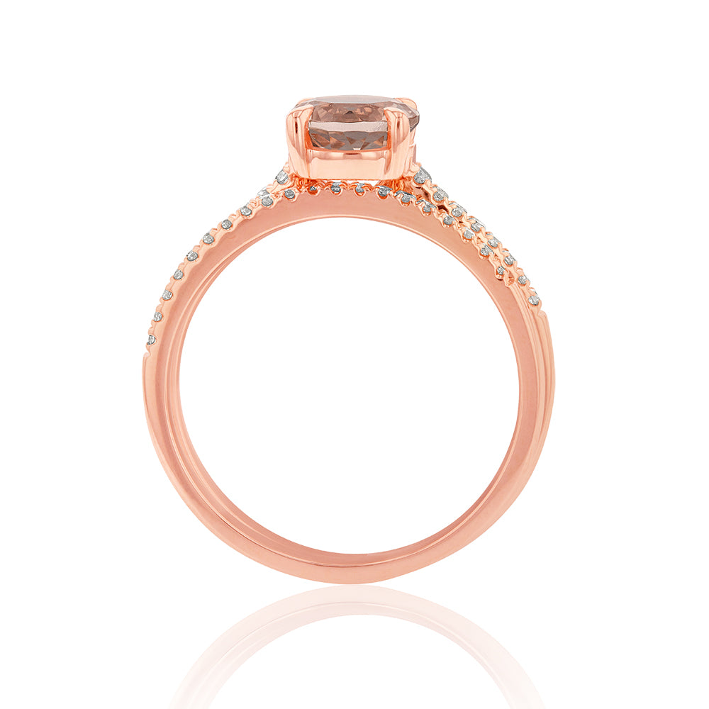 Exquisite 9 Carat Rose Gold Bridal Ring Set Featuring 1.20 Carat Round Morganite and Diamonds