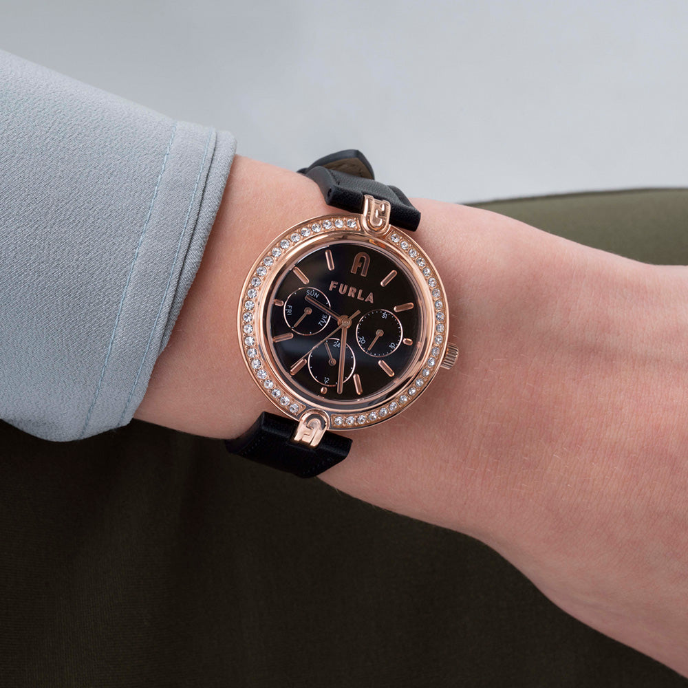 Furla Black Leather Strap Rose Gold Plated Women's Logo Watch