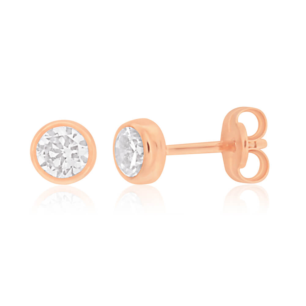Stylish 9ct Rose Gold 4mm Bezel Set Cubic Zirconia Stud Earrings for Daily Wear