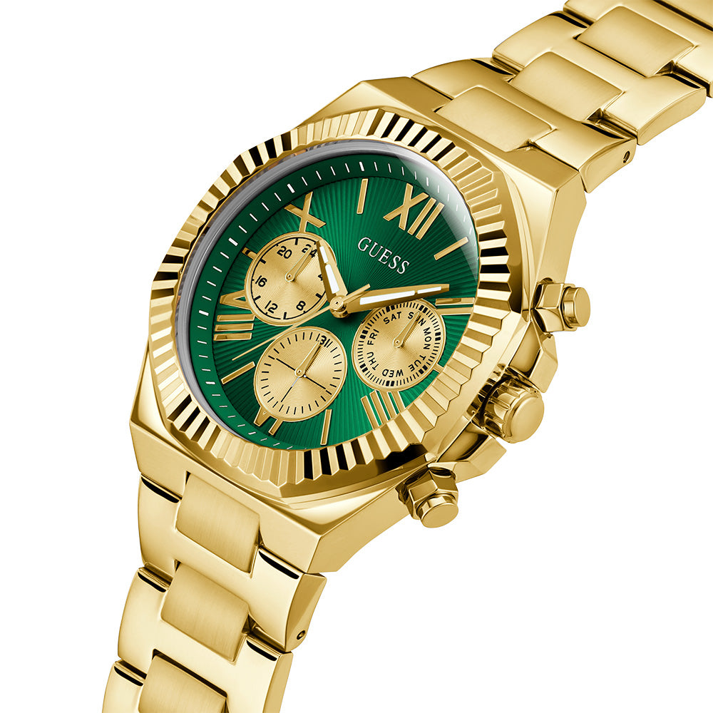 Guess Equity Men's Multi-Function Gold and Green Link GW0703G2 Wristwatch