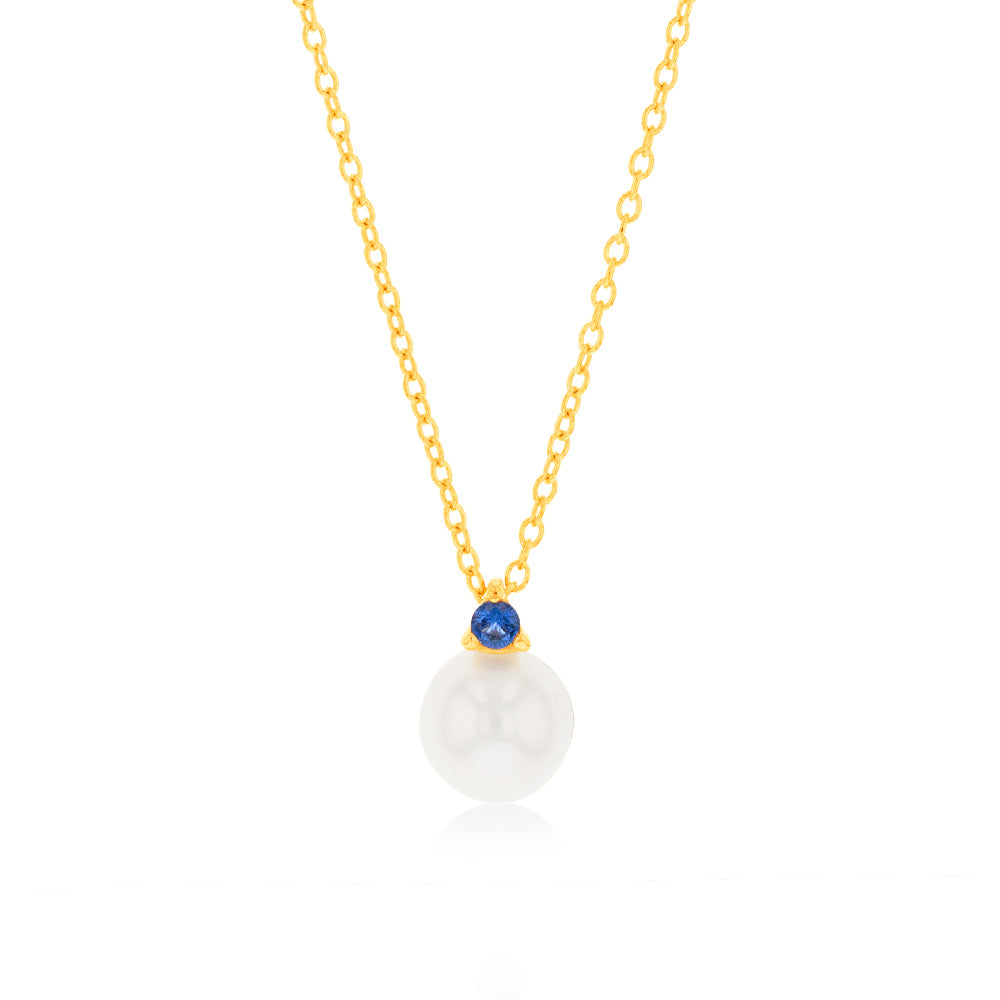 Stunning 9ct Yellow Gold Pendant with Sapphire, Blue Zirconia and Freshwater Pearl on a Chain
