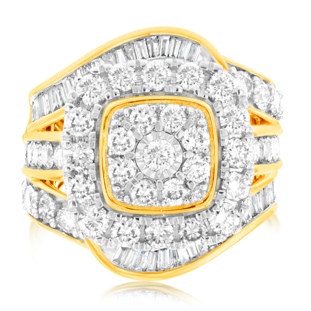 Exquisite 3 Carat Diamond Engagement Ring Featuring Brilliant and Tapered Baguette Diamonds Set in 9ct Yellow Gold