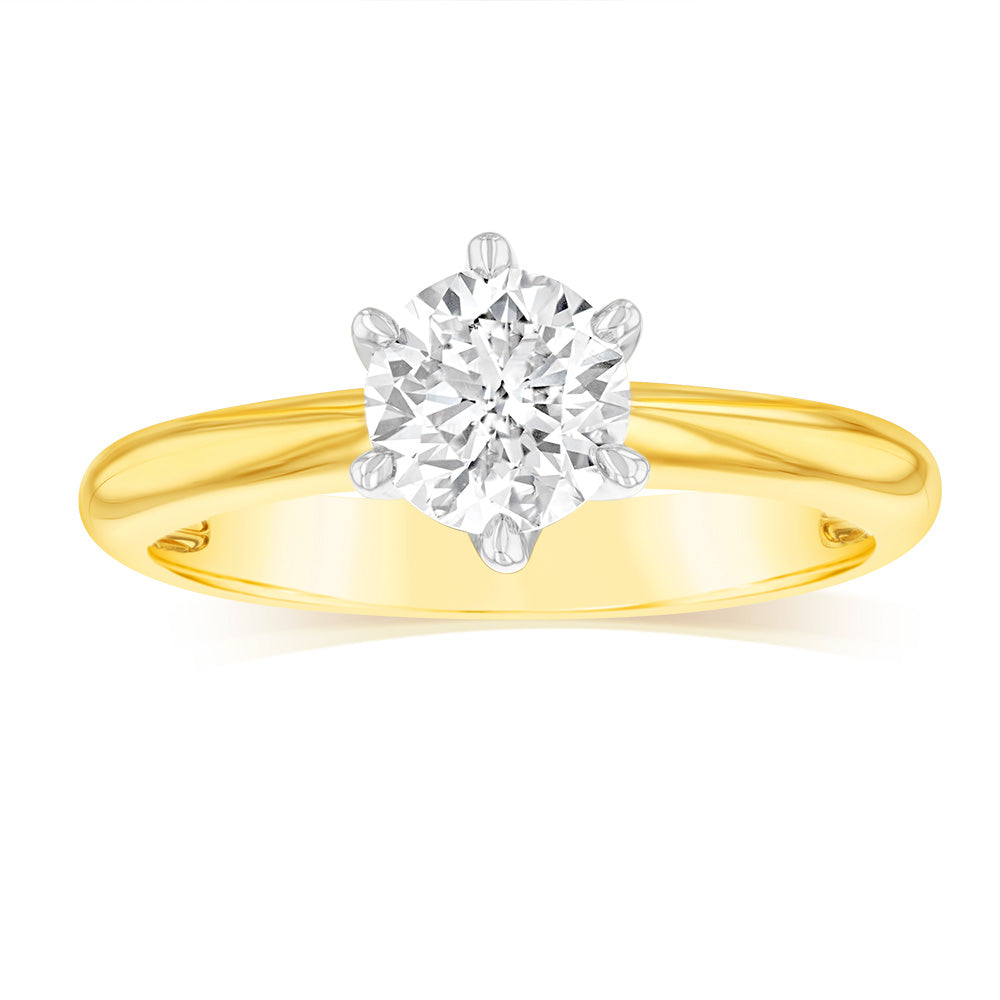 Stunning 18-carat Yellow Gold Solitaire Engagement Ring Featuring a 0.80 Carat Diamond Set with a Six-Claw Knife Edge Setting