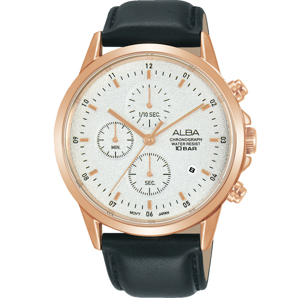 Alba Prestige AM3866X Luxury Chronograph Watch with Rose Gold Accents and Black Leather Strap